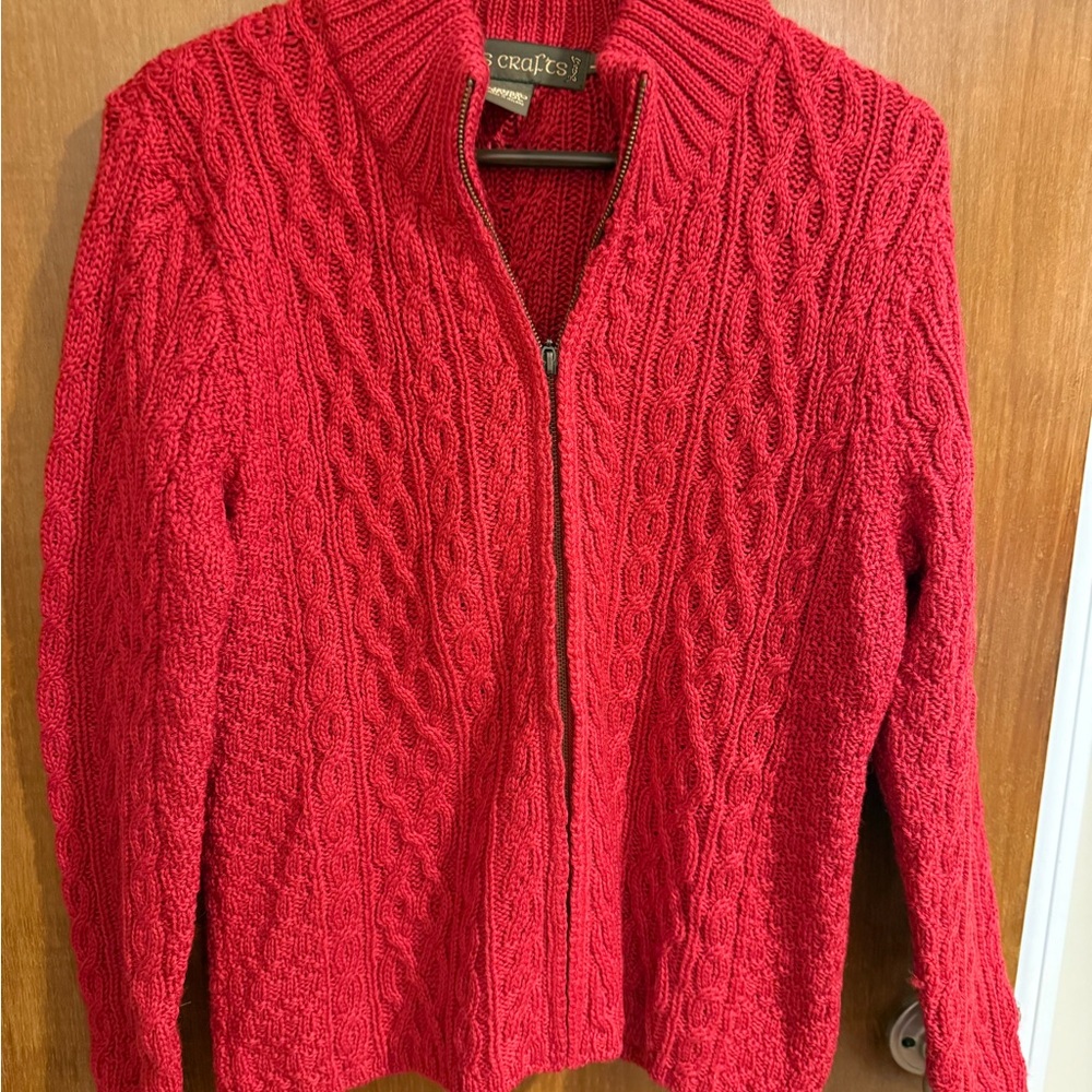 Irish wool Vibrant Red Cable Knit Cardigan Sweater
